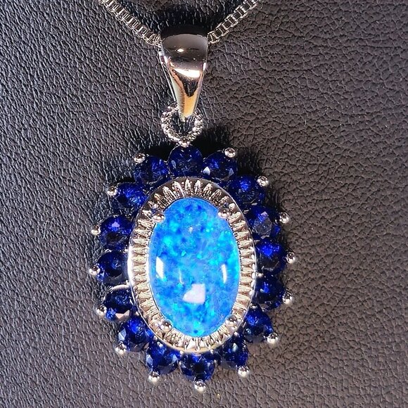 Synthetic Australian Opal & Blue Crystal Pendant Necklace (NWOT) - Picture 2 of 7